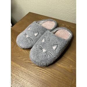 Plush Cat Slippers Grey And Pink Size Large (8-9) Embroidered New No Tags